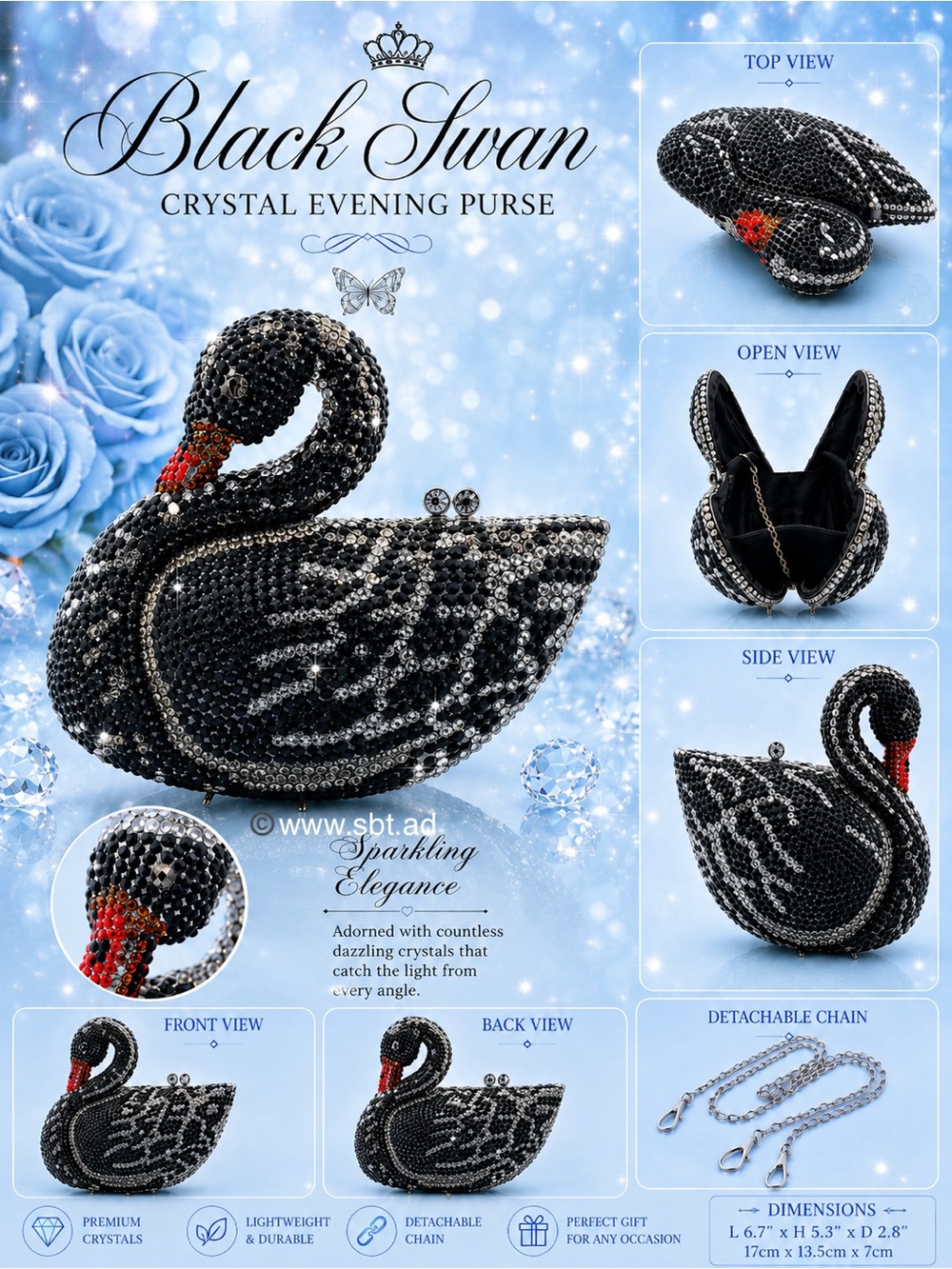 NWT Swan Bird Clutch Purse Sparkling Bling Swarovski Crystal Rhinestones Bag - Picture 6 of 10